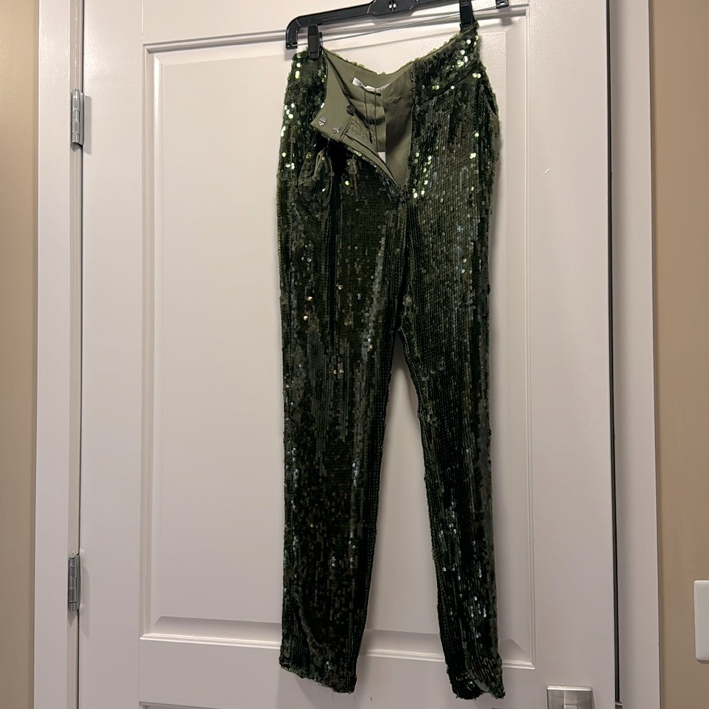 NWT Veronica Beard dark moss green liquid sequin pants size 0 XS lined